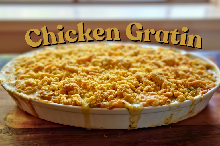 A golden-baked Chicken & Asparagus Gratin with a crispy breadcrumb and cheese topping.