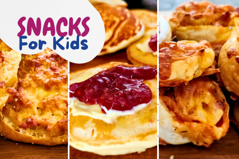 Three kid-friendly snacks: cheesy pizza toasts, puff pastry pinwheels, and golden pikelets, served on a wooden board.