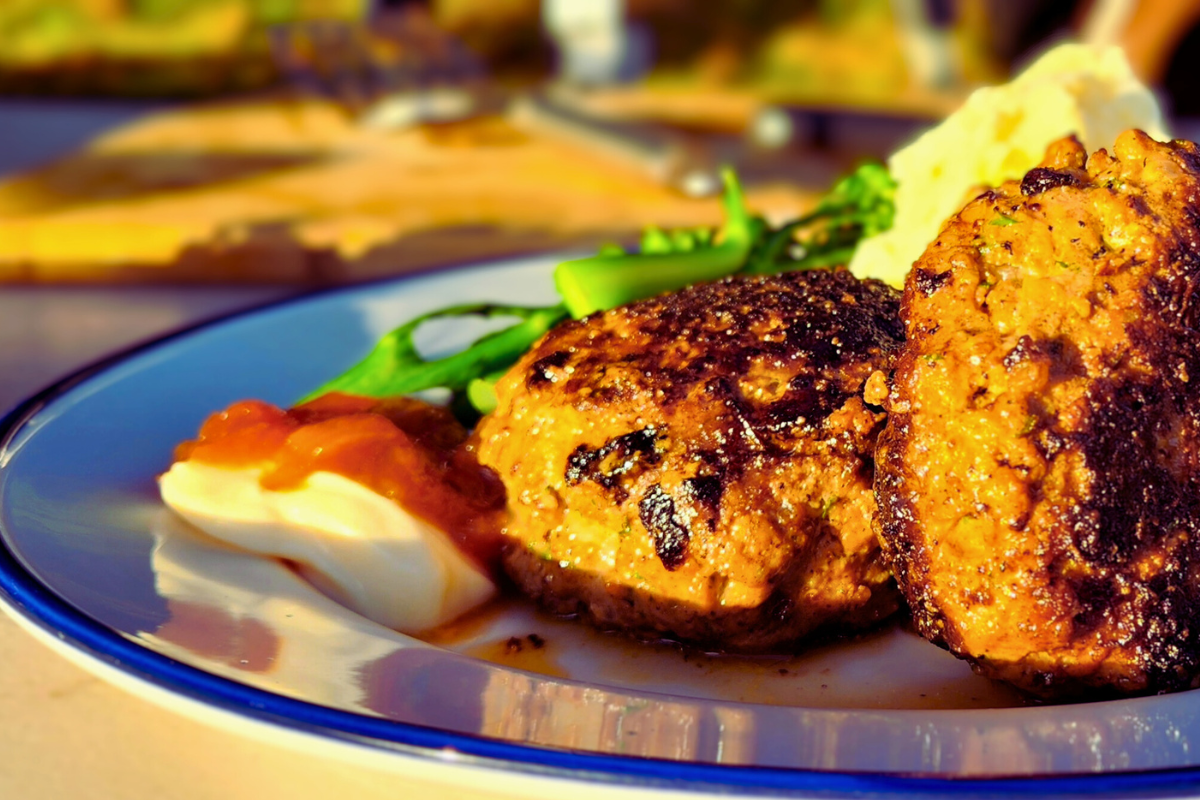 Traditional German Frikadellen meatballs served with home-made tomato relish and mayonnaise.