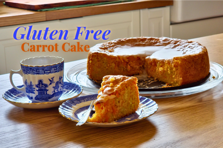 A slice of moist, naturally gluten-free carrot cake with a simple lemon glaze.