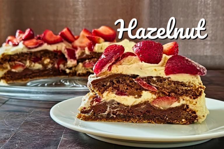 A beautifully layered Hazelnut Torte with Nutella, whipped cream, and fresh strawberries.