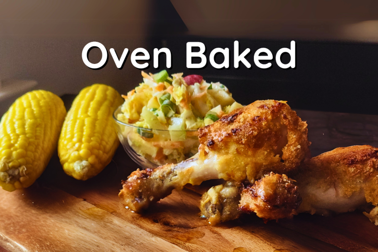 Golden oven-baked Parmesan crumbed chicken served with fresh coleslaw and roasted corn on the cob.