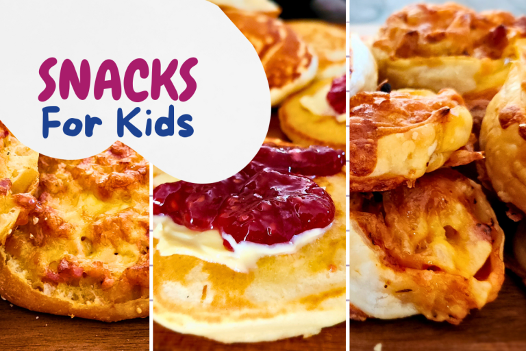 Kid-friendly snacks including pizza toasts, golden pikelets with jam, and cheesy puff pastry pinwheels on a wooden board with a “Snacks for Kids” label.