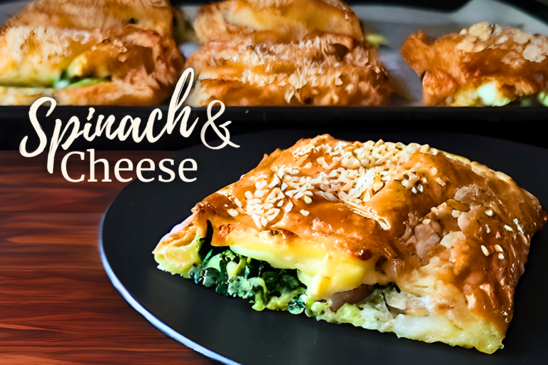 Flaky spinach and feta puff pastries on a serving board, golden brown and filled with cheese, spinach, and red onion.