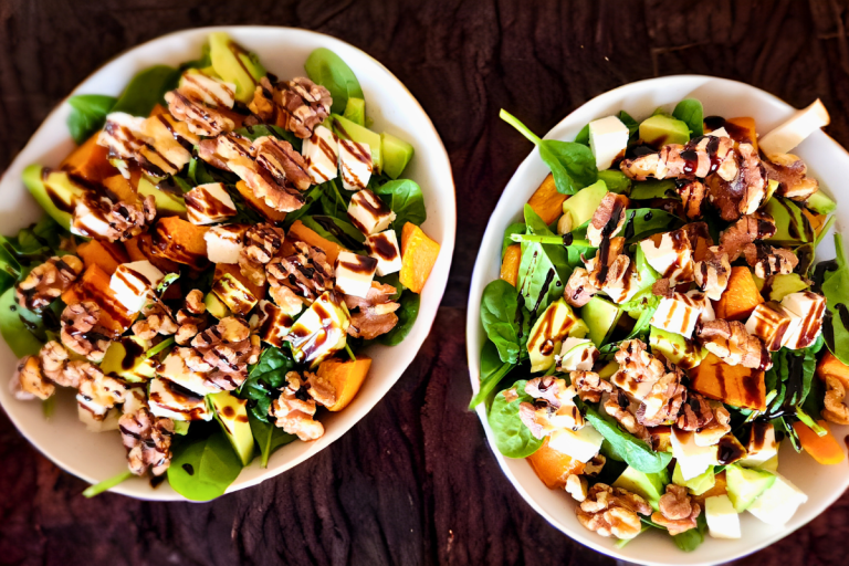 A bowl of sweet potato salad with avocado, feta, spinach, and toasted walnuts