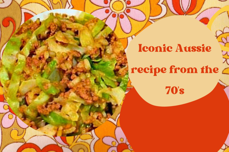 Retro-style image of Aussie beef chow mein with cabbage and mince, inspired by a 1970s Continental soup packet recipe