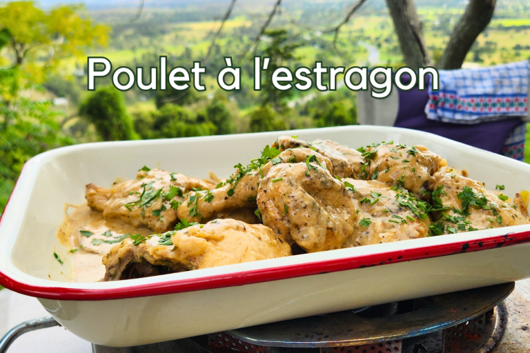 Tarragon chicken served in an enamel baking dish with creamy sauce and parsley, set against a countryside backdrop